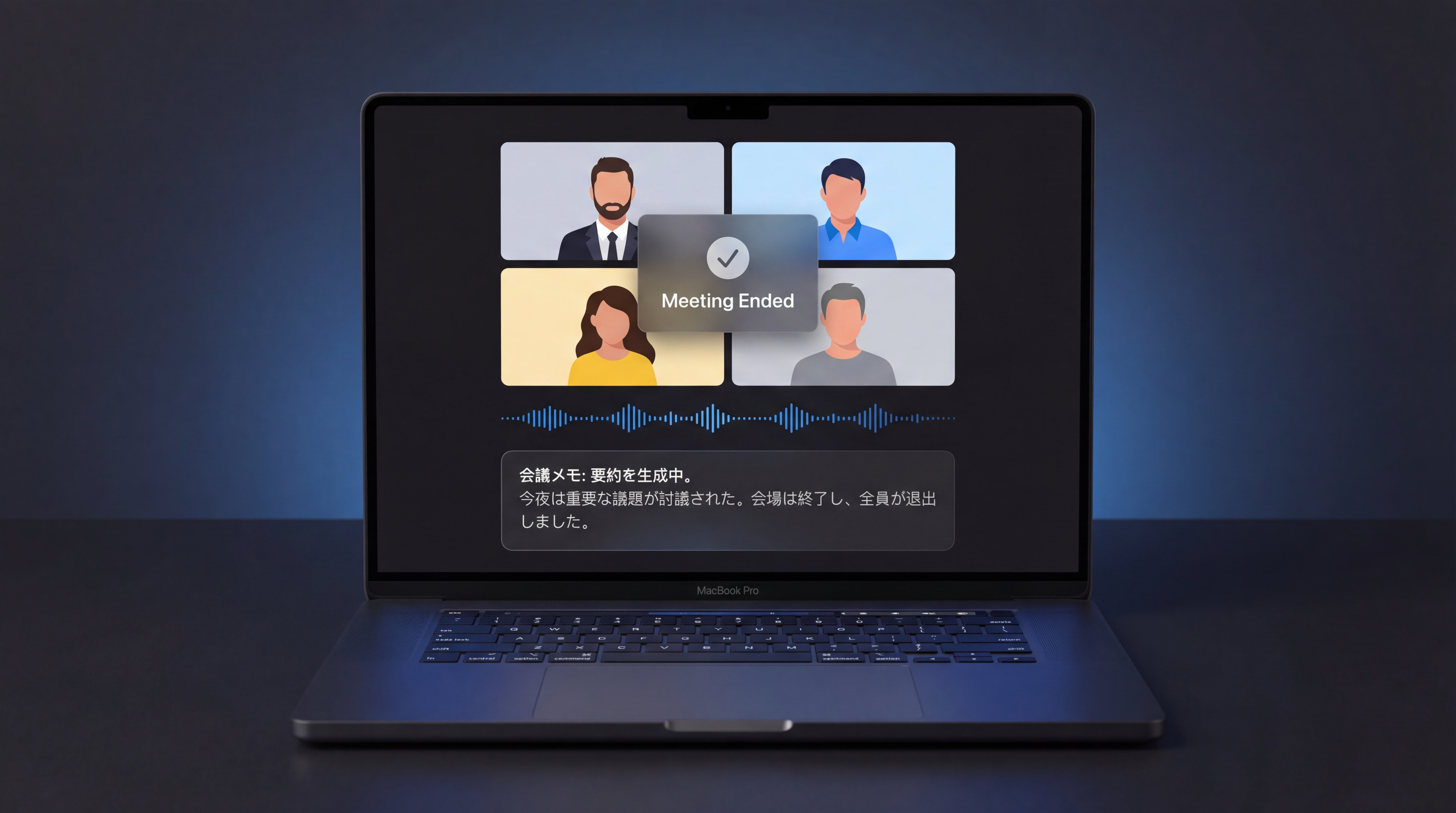 オンライン会議が終了し、AIが議事録を文字起こしている画面